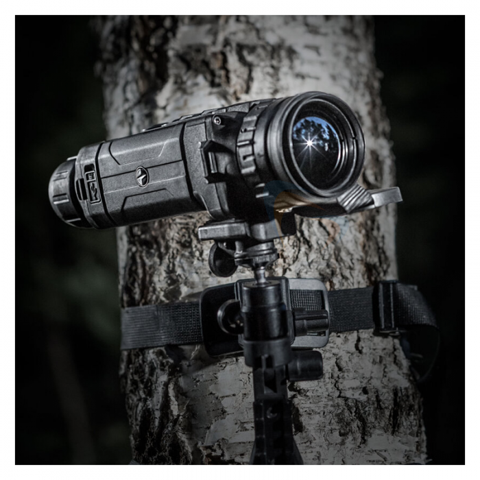 Pulsar Lexion XQ38 Thermal Imaging Monocular Scope attached to a tree