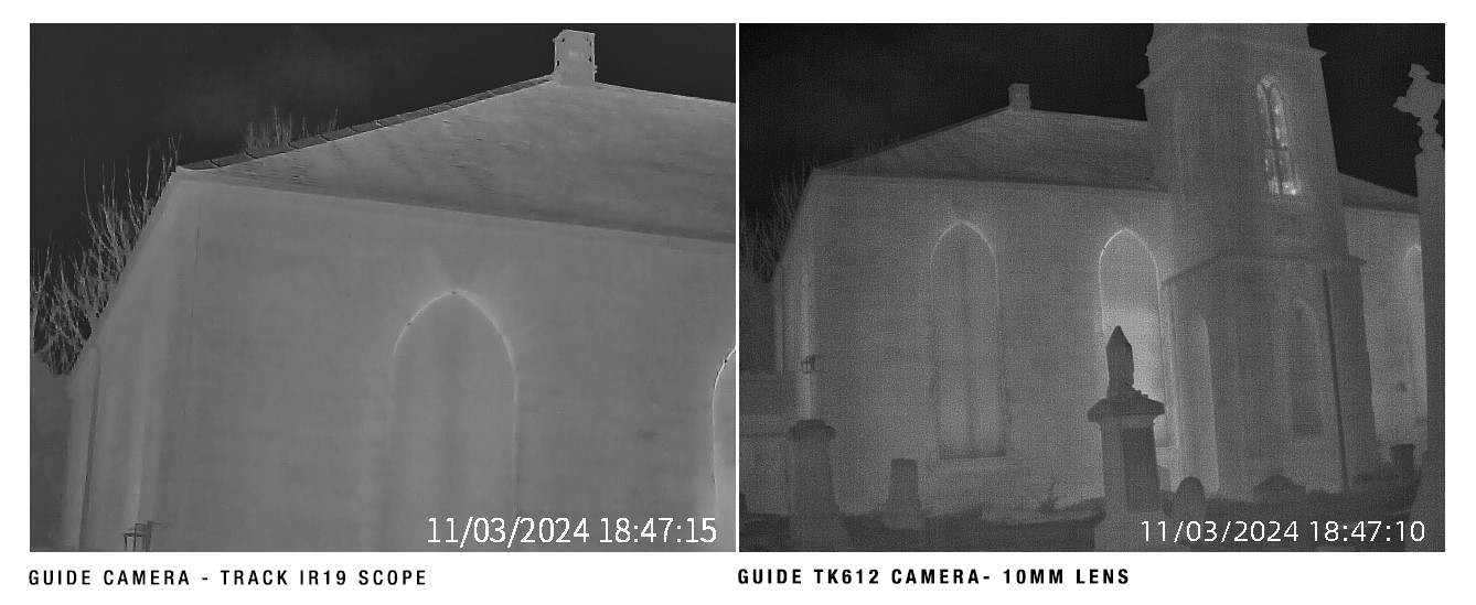 Two black and white thermal images of a church. The image on the left, taken with the Track 19, shows the corner of the church. The picture on the right, taken with the Track 612, shows the whole church and some of the graveyard. 